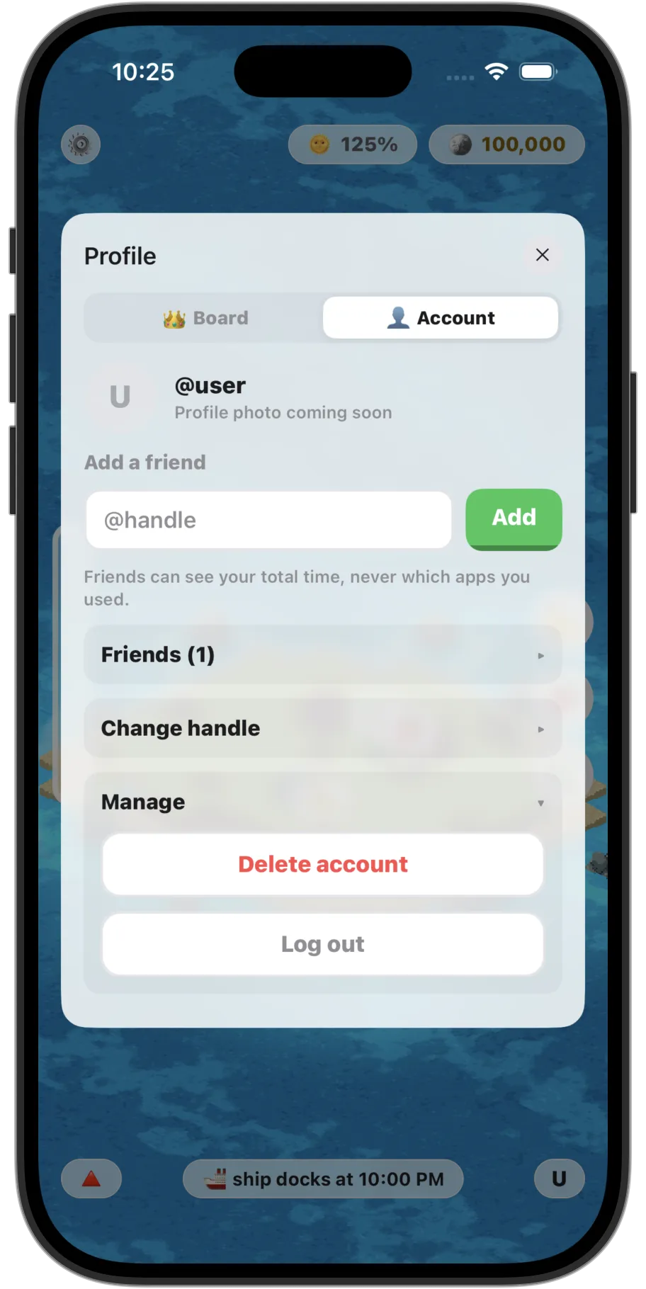 The Account tab, with Manage open to show Delete account.